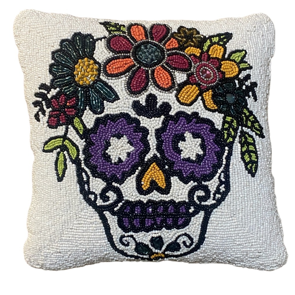 Hand Beaded Sugar Skull Decorative Accent Pillow
